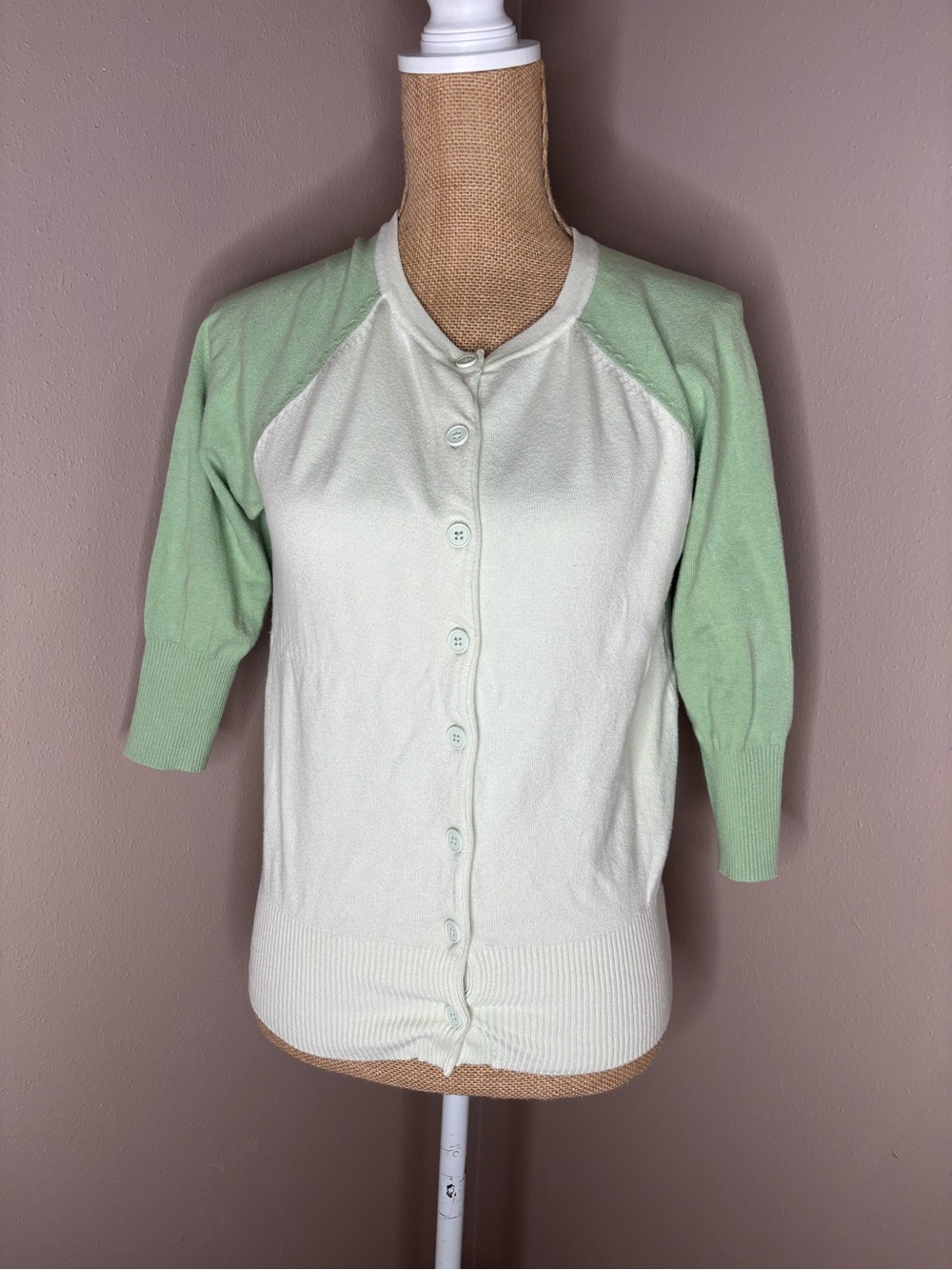 GAP Light 2 Toned Green Raglan 3/4th Sleeve Button-Up Cardigan Size Small
